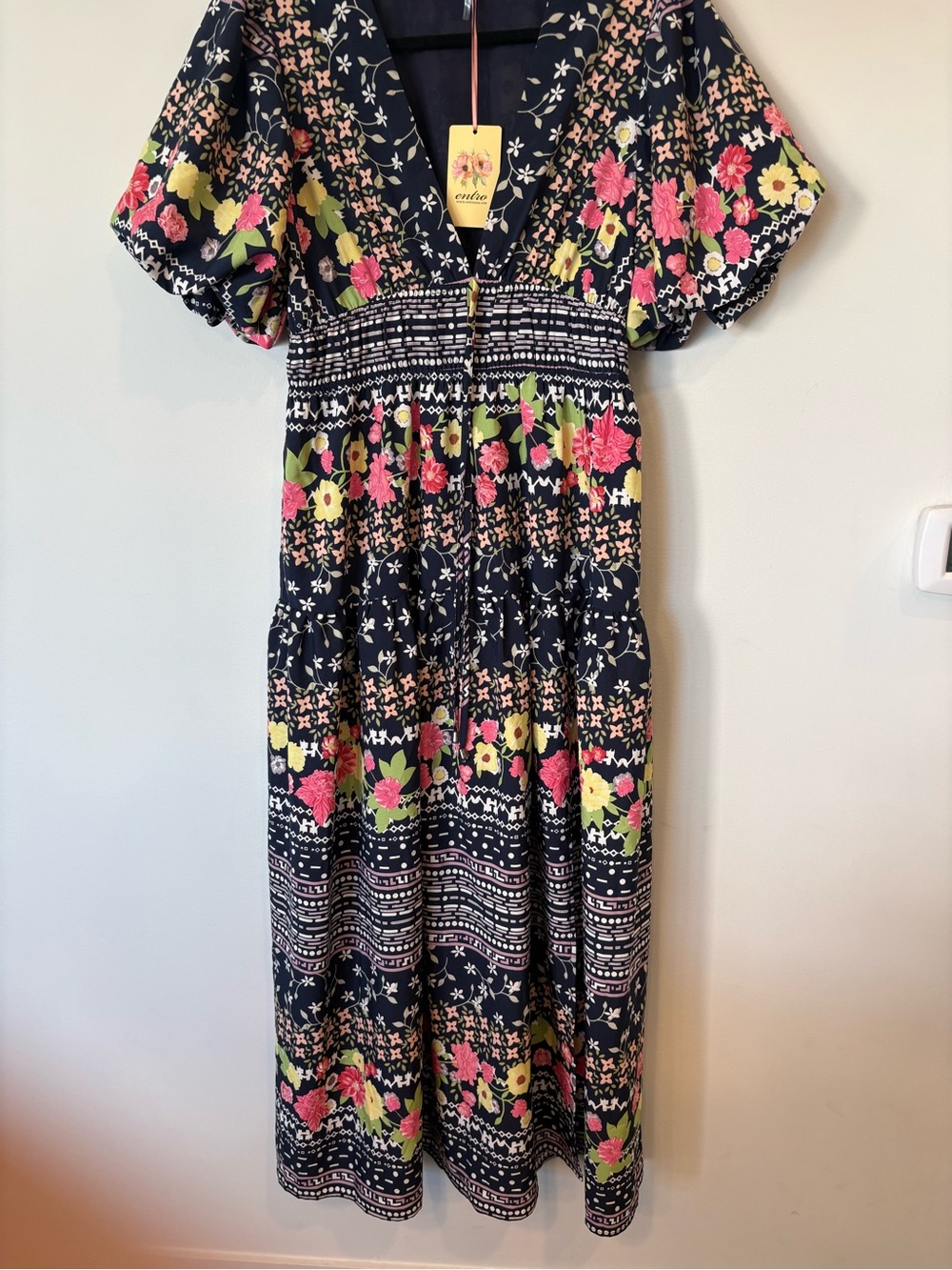 NEW Entro Navy Floral Midi Dress with Pink & Lime Accents large nwt - Picture 2 of 14